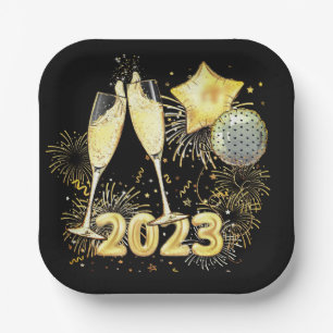 Gold Glitter Black 2023 New Year's Eve Party Paper Plates