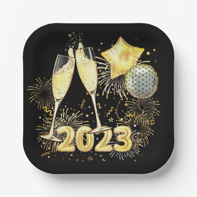 Gold Glitter Black 2023 New Year's Eve Party Paper Plates (Front)