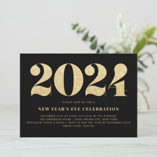 Gold Glitter Black 2024 New Years Eve Party Invitation