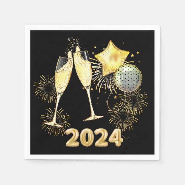 Gold Glitter Black 2024 New Year's Eve Party  Napkins (Front)