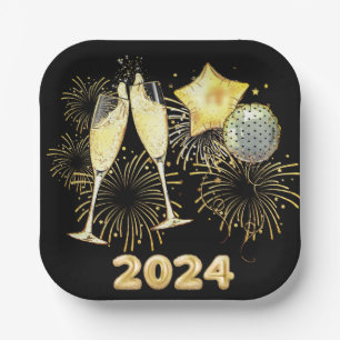 Gold Glitter Black 202ew Year's Eve Party Paper Plates