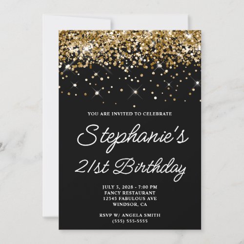 Gold Glitter Black 21st Birthday Invitation
