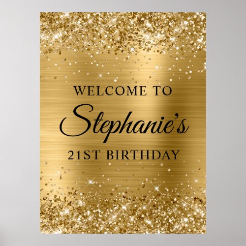 Gold Glitter Black 21st Birthday Party Welcome Poster