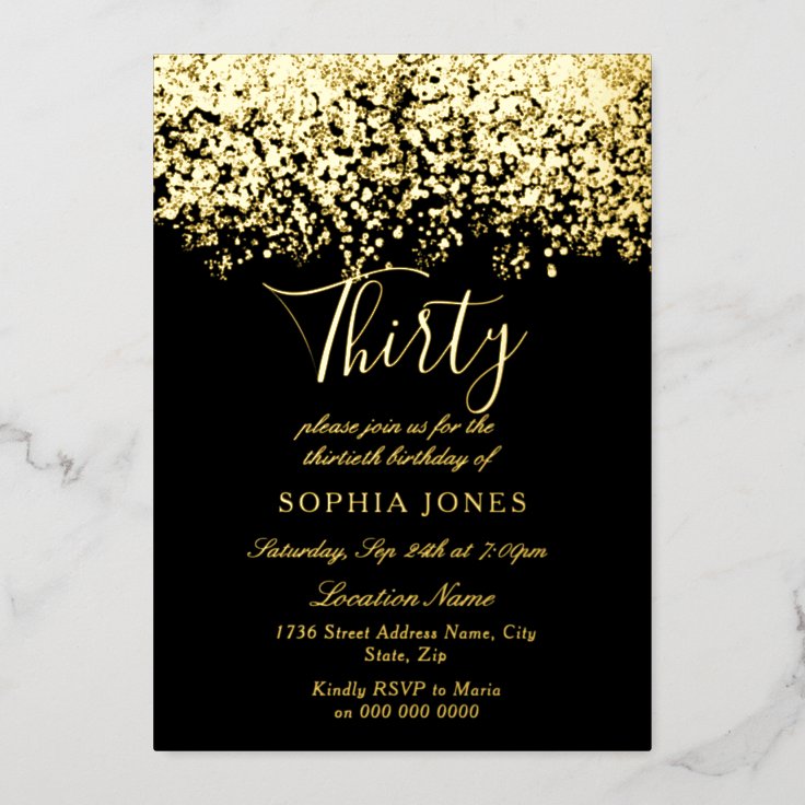 Gold Glitter Black 30th Birthday Party Gold Foil Invitation | Zazzle