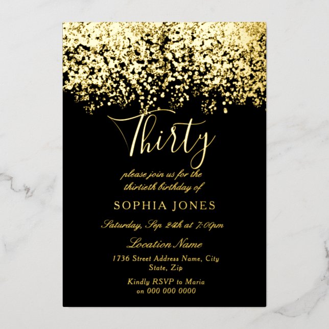 Gold Glitter Black 30th Birthday Party Gold Foil Invitation (Front)