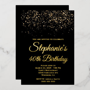 Gold Glitter Black 40th Birthday Foil Invitation
