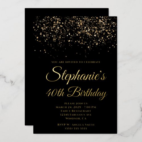 Gold Glitter Black 40th Birthday Foil Invitation