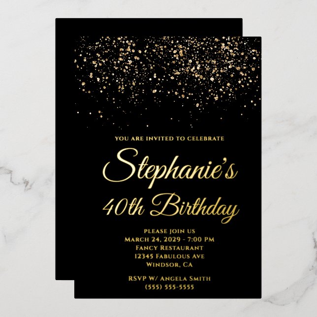 Gold Glitter Black 40th Birthday Foil Invitation (Front/Back)