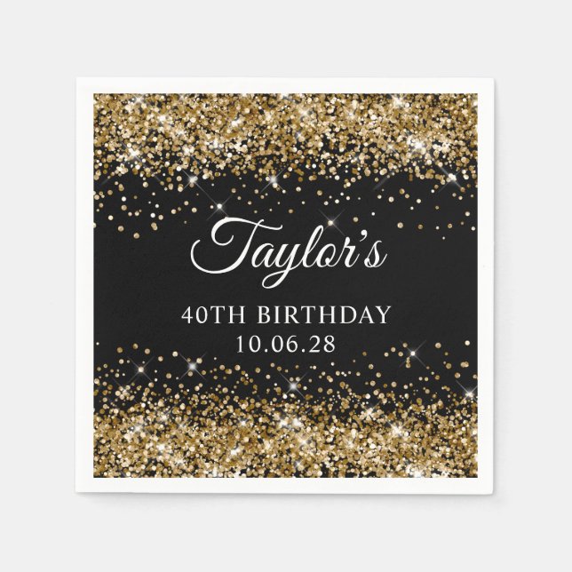 Gold Glitter Black 40th Birthday Napkins (Front)
