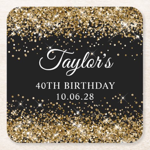 Gold Glitter Black 40th Birthday Square Paper Coaster