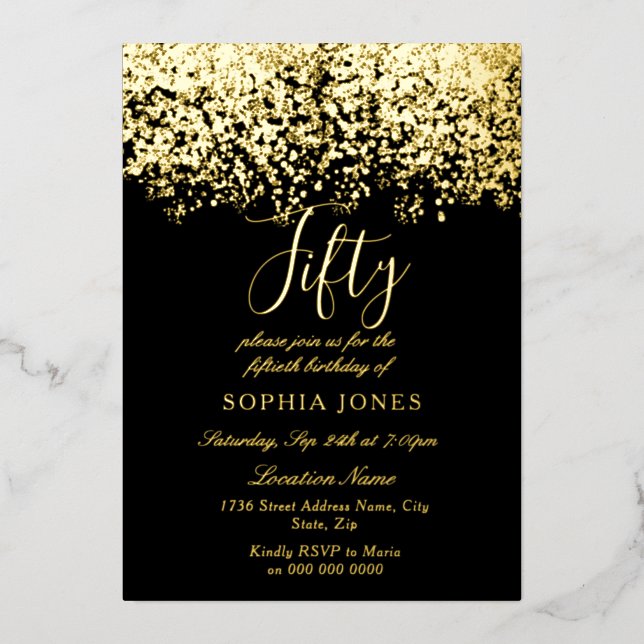 Gold Glitter Black 50th Birthday Party Gold Foil Invitation (Front)