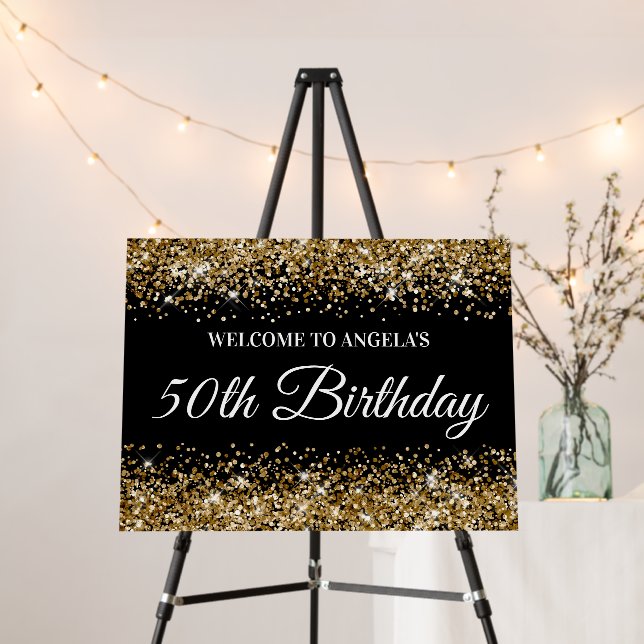 Gold Glitter Black 50th Birthday Welcome Foam Board (In Situ (Stand))