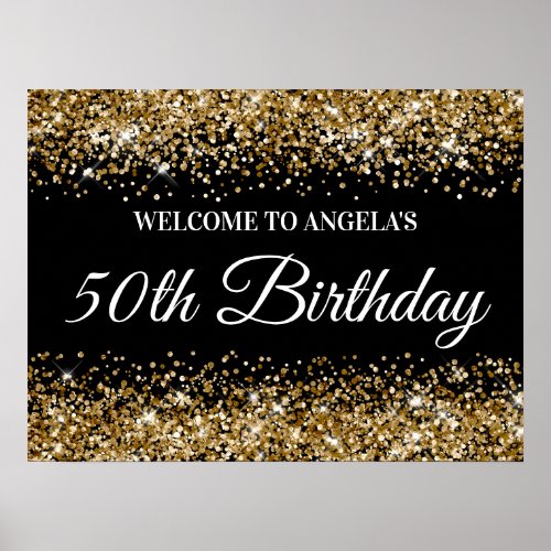 Gold Glitter Black 50th Birthday Welcome Poster