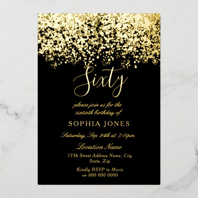 Gold Glitter Black 60th Birthday Party Gold Foil Invitation (Front)