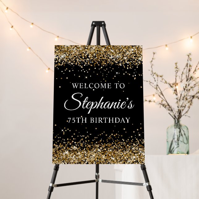 Gold Glitter Black 75th Birthday Welcome Foam Board (In Situ (Stand))