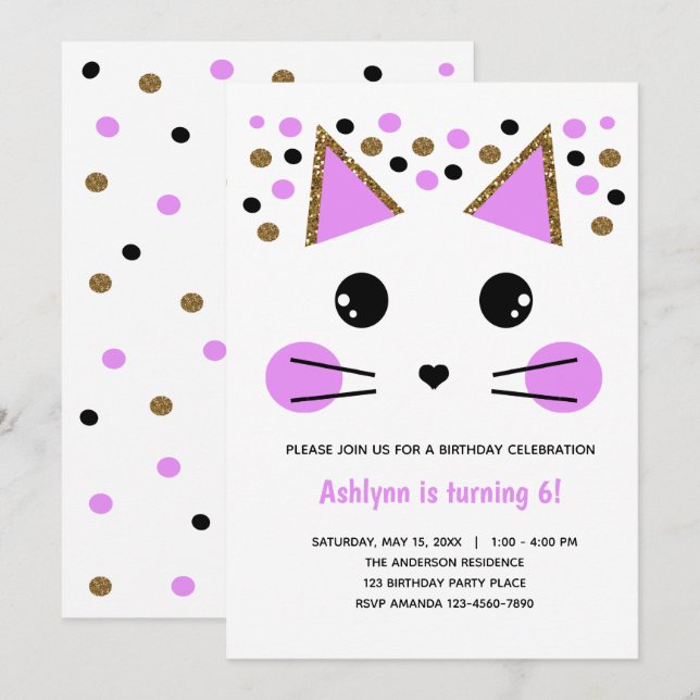 Gold Glitter Black and Purple Cat Birthday Invitation (Front/Back)