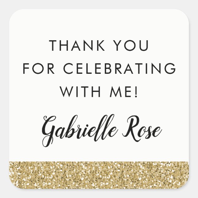 Gold Glitter Black and White Birthday Favor Label (Front)