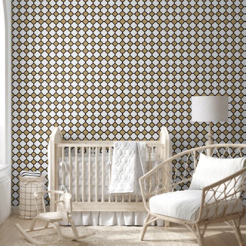 Gold Glitter Black and White Geometric Quatrefoil Wallpaper