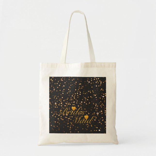 Gold Glitter Black Background Heart Bridesmaid Tote Bag (Front)