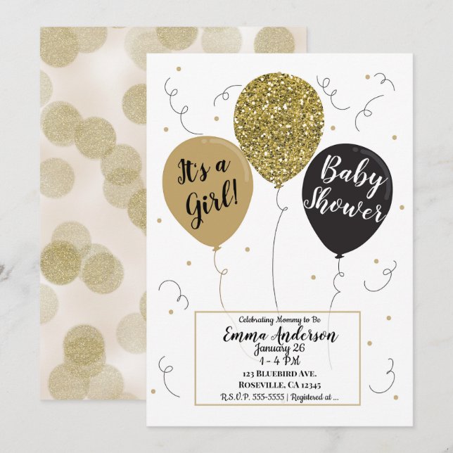 Gold Glitter Black Balloons Girl Baby Shower Invitation (Front/Back)