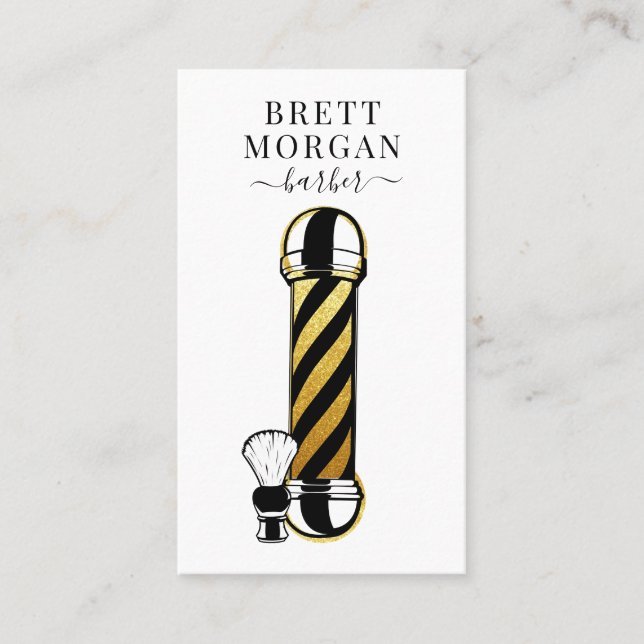 Gold Glitter Black Barber Pole Barber  Business Card (Front)