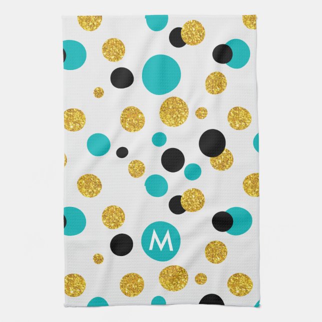Gold Glitter, Black & Blue Circles Pattern Kitchen Towel (Vertical)