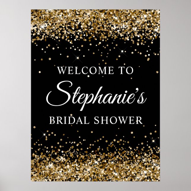 Gold Glitter Black Bridal Shower Welcome Poster (Front)