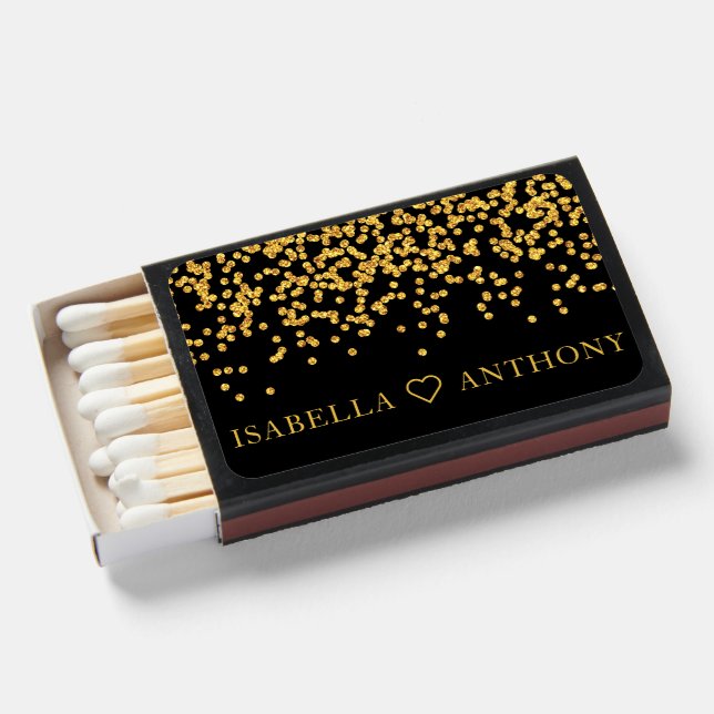 Gold Glitter Black Bride Groom Names Wedding Favor Matchboxes (Front Open)