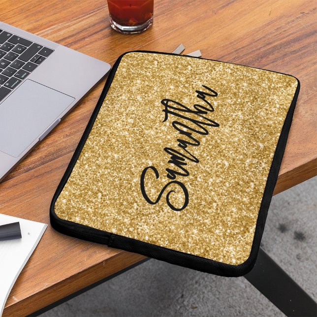 Gold Glitter Black Brush Script Laptop Sleeve (Creator Uploaded)