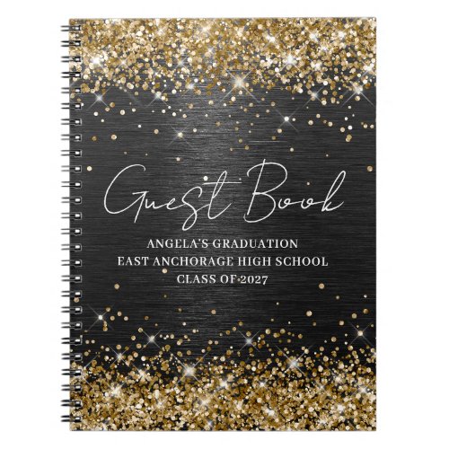 Gold Glitter Black Brushed Metal Graduation Guest Notebook