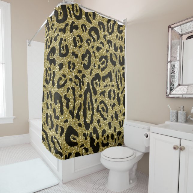 Gold Glitter Black Cheetah Leopard Animal Print Shower Curtain (In Situ)