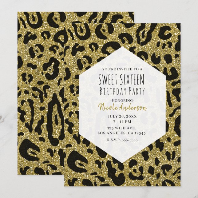Gold Glitter Black Cheetah Leopard Sweet 16 Party  Invitation (Front/Back)