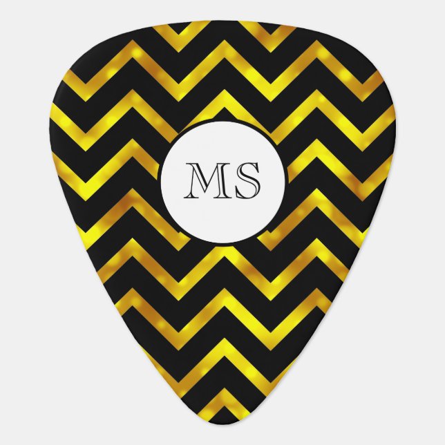 Gold glitter black chevron monogram guitar pick (Front)