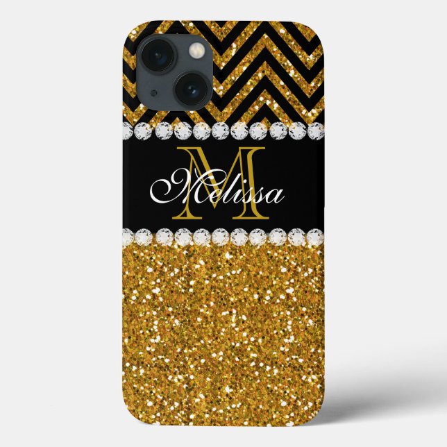 Gold Glitter Black Chevron Monogrammed Case-Mate iPhone Case (Back)