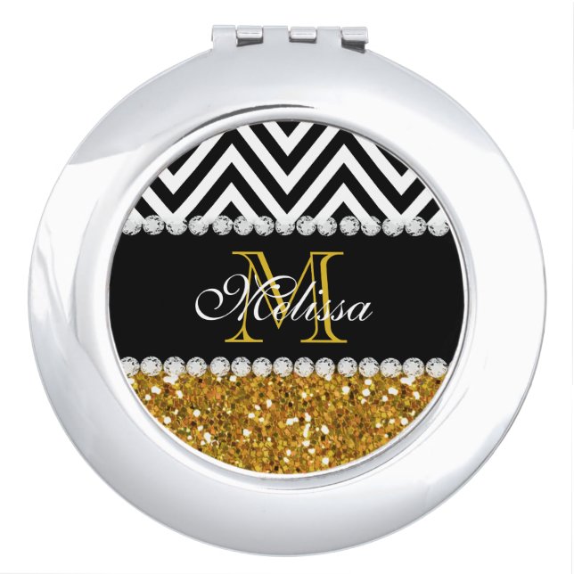 GOLD GLITTER BLACK CHEVRON MONOGRAMMED COMPACT MIRROR (Front)