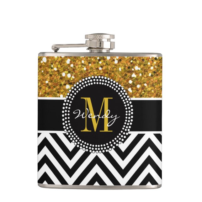 Gold Glitter Black Chevron Pattern Monogram Flask (Front)