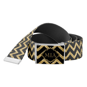 Gold Glitter Black Chevron Zigzag Pattern Monogram Belt