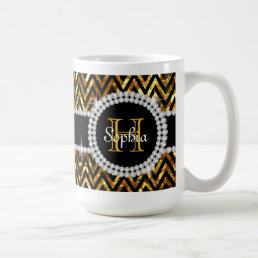 Gold Glitter Black Chevrons Monogram Coffee Mug