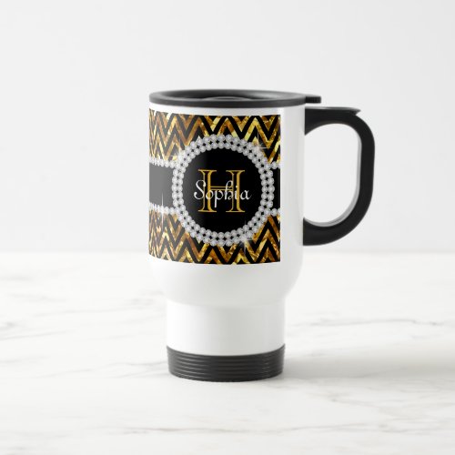 Gold Glitter Black Chevrons Monogram Commuter Mug