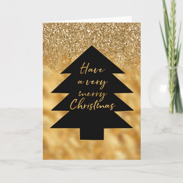 Gold Glitter Black Christmas Tree Holiday Card (Front)