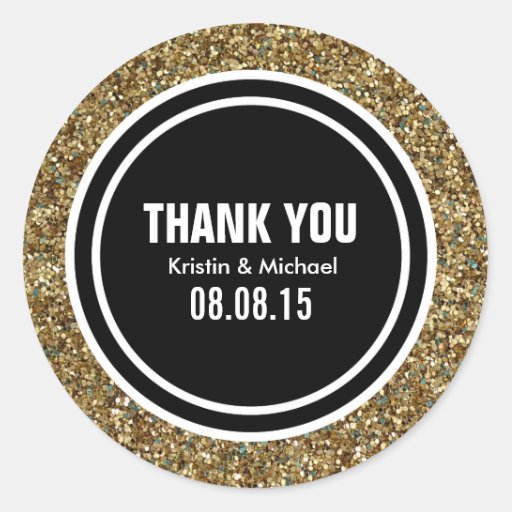 Gold Glitter & Black Custom Thank You Label Classic Round Sticker | Zazzle