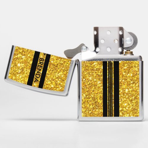 Gold Glitter Black Decorative Stripes Zippo Lighter