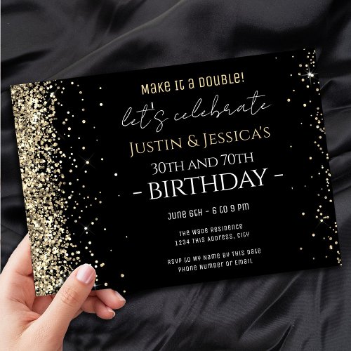 Gold Glitter Black Double Birthday Party Invitation