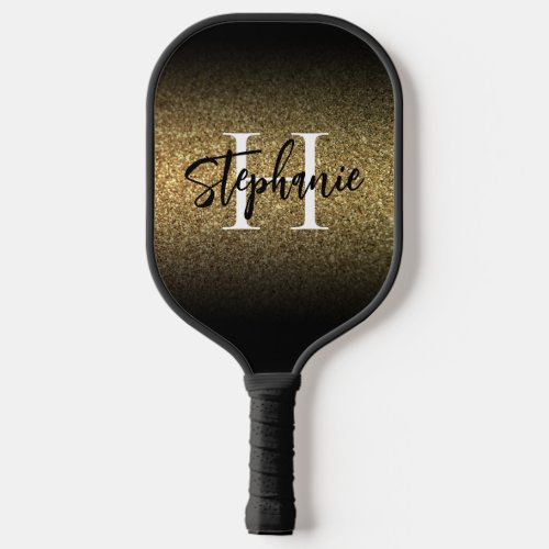 Gold Glitter Black Edge Ombre Monogrammed Pickleball Paddle