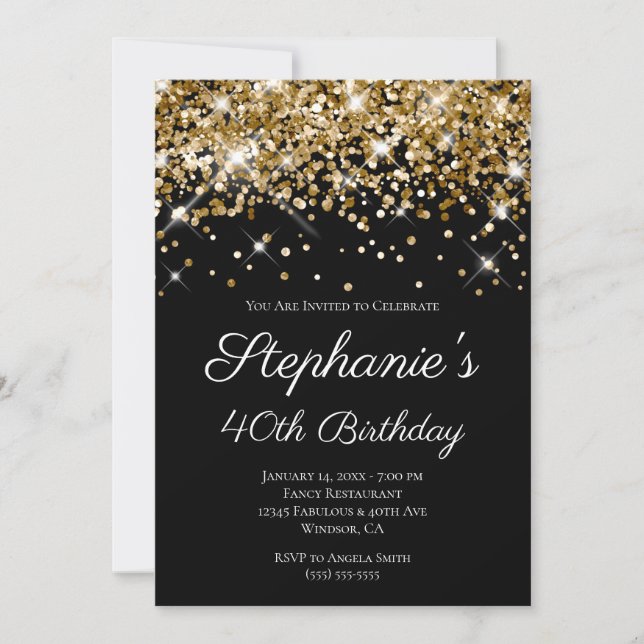 Gold Glitter Black Elegant 40th Birthday Invitation (Front)