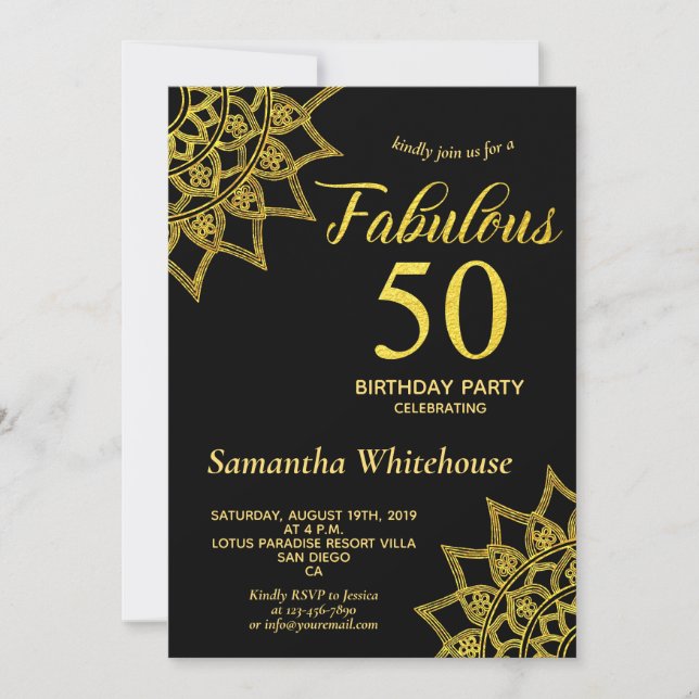 Gold Glitter Black Fabulous 50 Birthday Invitation (Front)