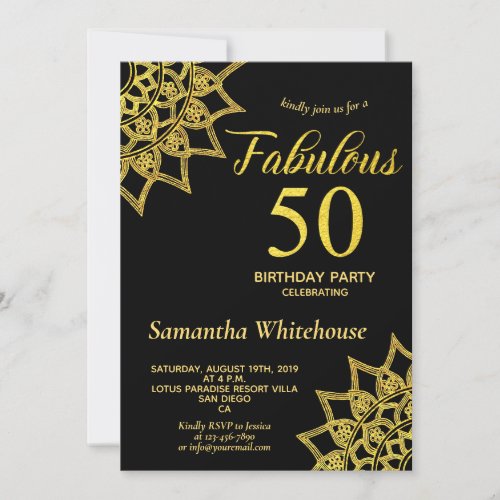 Gold Glitter Black Fabulous 50 Birthday Invitation