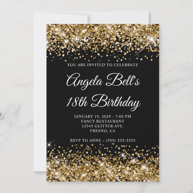 Gold Glitter Black Fancy Monogram 18th Birthday Invitation (Front)