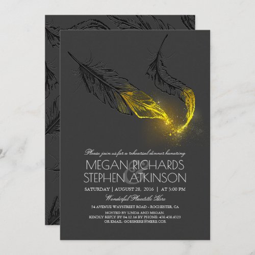 Gold Glitter Black Feathers Rehearsal Dinner Invitation