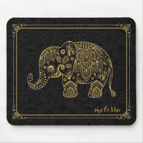 Gold Glitter  Black Floral Elephant  Frame Mouse Pad